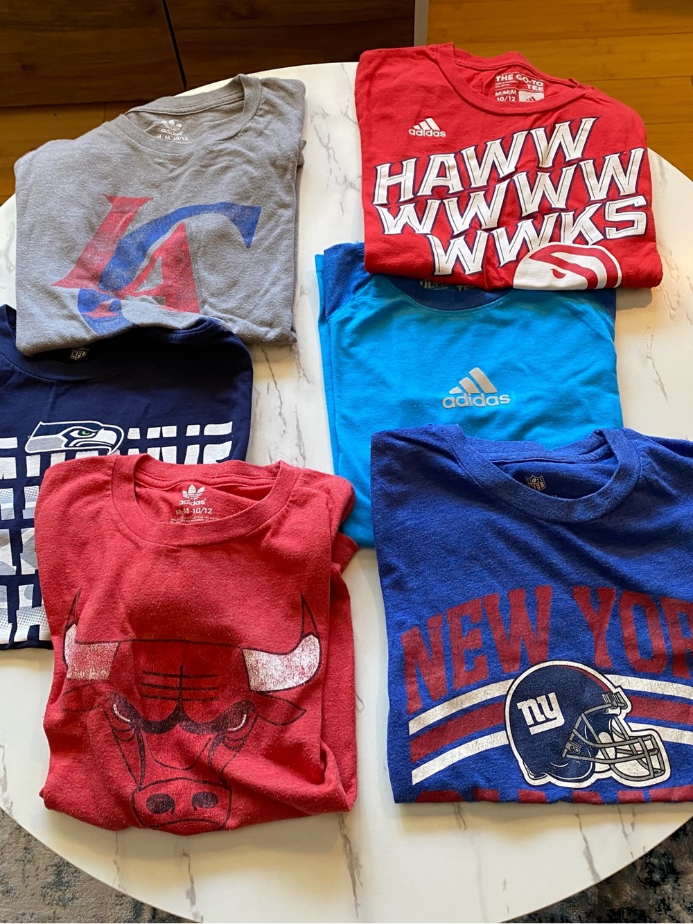 adidas Kids sports teams, New York Giants, Chicago Bulls, and Atlanta Hawks